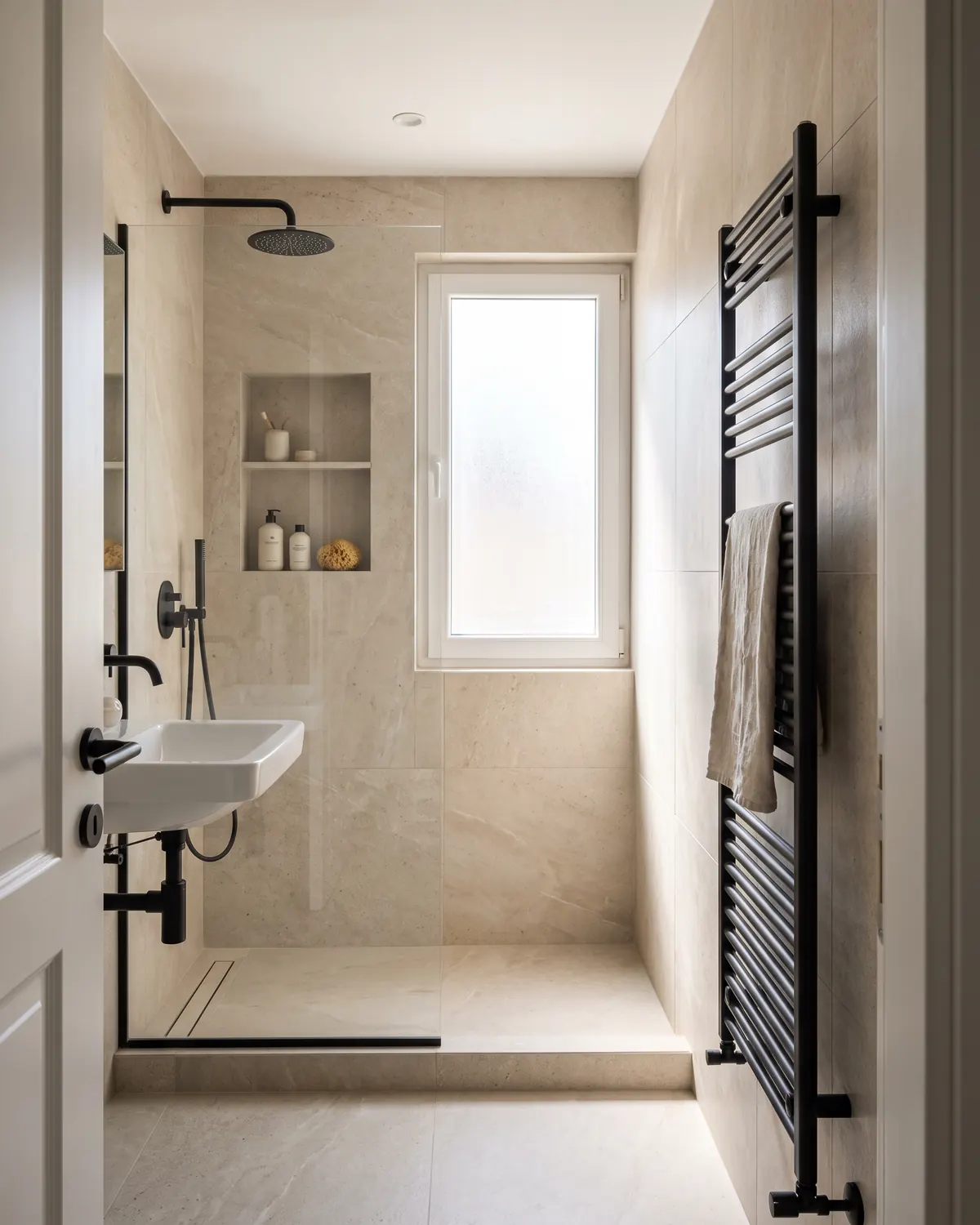Duş nişli, siyah armatürlü ve havlupanlı kompakt banyo